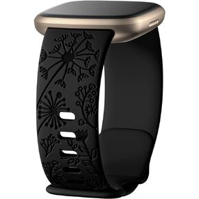 Flower Engraved Bands Compatible with Fitbit Sense Bands/Fitbit Versa 4/Fitbit Versa 3/Sense 2 1 Band for Women,Cute Fancy Dandelion Floral Wristband Replacement Strap for Fitbit Versa 3 Bands