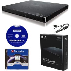Produplicator LG BP60NB10 محرك الأقراص الخارجي المحمول 6X Ultra HD 4K Blu-ray مع برنامج CyberLink، و100 جيجابايت M-DISC BDXL، وكابل USB - أقراص CD DVD BD DL BDXL
