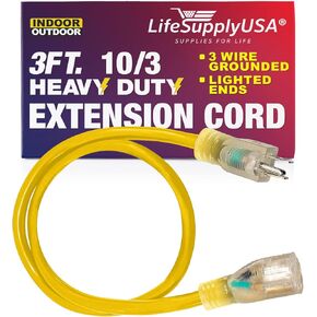 3ft Power Outdoor Extension Cord & Indoor - Waterproof Electric Drop Cord Cable - 3 Prong SJTW, 10 Gauge, 15 AMP, 125 Volts, 1875 Watts, 10/3 by LifeSupplyUSA - Black (1 Pack)