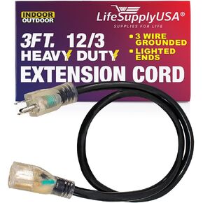 3ft Power Outdoor Extension Cord & Indoor - Waterproof Electric Drop Cord Cable - 3 Prong SJTW, 10 Gauge, 15 AMP, 125 Volts, 1875 Watts, 10/3 by LifeSupplyUSA - Black (1 Pack) in Saudi Arabia