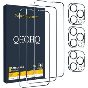QHOHQ 3 Pack Screen Protector for iPhone 13 Pro 6.1 Inch with 3 Pack Tempered Glass Camera Lens Protector, Ultra HD, 9H Hardness, Scratch Resistant - Case Friendly [Not fit iPhone 13 Pro Max 6.7"]
