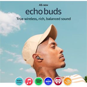 All-new Echo Buds (2023 Release) | Semi-in-ear, True Wireless Bluetooth 5.2 Earbuds with Alexa, multipoint, 20H battery with charging case, fast charging, sweat resistant | Glacier White