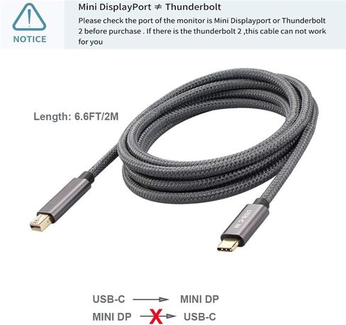 كيبل USB C الى منفذ عرض صغير كيو سي اي اس نوع C الى محول ميني DP 4K بطول 6.6 قدم، سلك ثاندربولت 3 متوافق مع ماك بوك برو 2018 وايباد برو واي ماك 2019 وسيرفس بوك 2 وجالكسي اس 10/اس 9 والمزيد in Kuwait