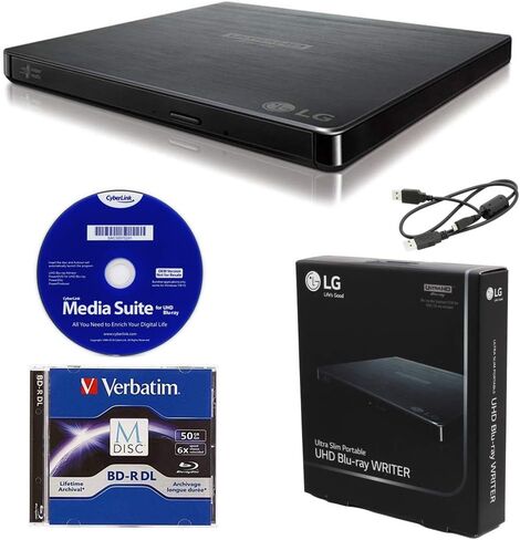 Produplicator LG BP60NB10 محرك الأقراص الخارجي المحمول 6X Ultra HD 4K Blu-ray مع برنامج CyberLink، و100 جيجابايت M-DISC BDXL، وكابل USB - أقراص CD DVD BD DL BDXL in Kuwait