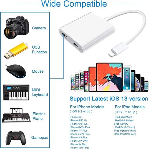 Lightning to USB Camera Adapter Lightning Female OTG Cable Adapter for Select iPhone,iPad Models Support Connect Camera, Card Reader, USB Flash Drive, MIDI Keyboard, White in Kuwait