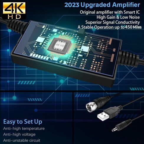 هوائي تلفزيون رقمي مضخم مطور لعام 2023، نطاق طويل يزيد عن 450 ميلًا، يدعم استقبال 360 درجة 4K 1080 بكسل للتلفزيون الذكي، معزز إشارة مكبر الصوت للقنوات المحلية - كابل Coax HDTV بطول 20 قدمًا in Kuwait