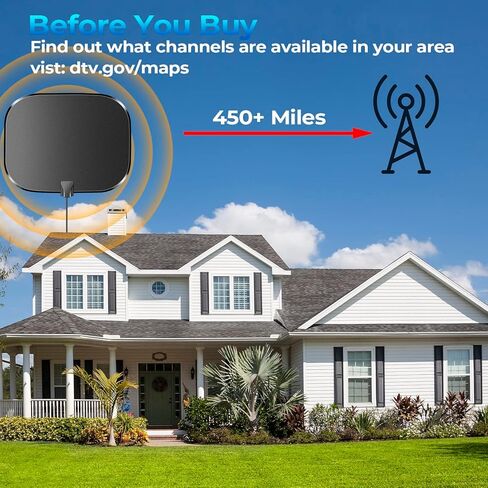 هوائي تلفزيون رقمي مضخم مطور لعام 2023، نطاق طويل يزيد عن 450 ميلًا، يدعم استقبال 360 درجة 4K 1080 بكسل للتلفزيون الذكي، معزز إشارة مكبر الصوت للقنوات المحلية - كابل Coax HDTV بطول 20 قدمًا in Kuwait