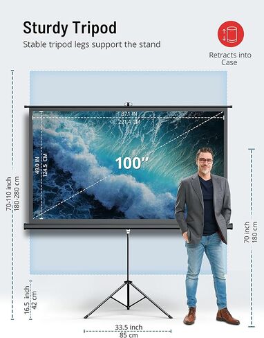 شاشة عرض مع حامل، شاشة عرض 100 بوصة بدقة 4K HD مع تصميم خالٍ من التجاعيد، للاستخدام الداخلي والخارجي لليلة مشاهدة الأفلام في الفناء الخلفي، وعرض المكتب (1.1 كسب، 16:9، زاوية عرض 160 درجة وحقيبة حمل) in Kuwait