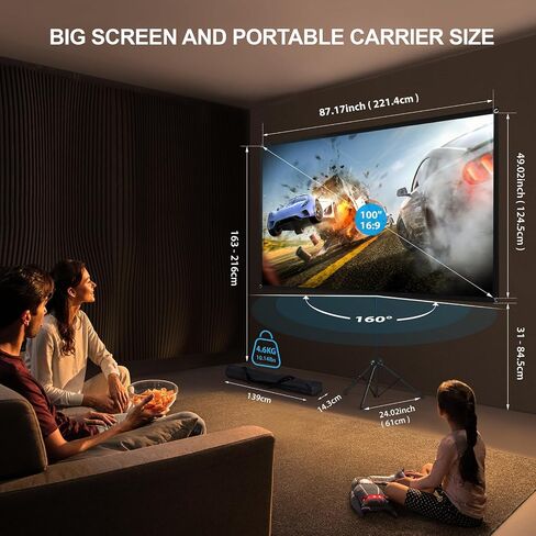 Portable Projector Screen with Stand, Outdoor Movie Screen, 80 Inch 16:9, Light-Weight, Mobile and Compact, Easy Setup and Carrying, Projection Screen with 1.2 Gain Glass Fiber, Idea for Home Cinema. in Saudi Arabia