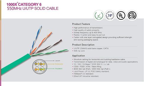 Cat6 Riser (CMR)، كابل إيثرنت بطول 1000 قدم، أخضر، بدون شريحة، زوج ملتوي غير محمي (UTP) 23AWG، نحاس خالص نقي، 550 ميجاهرتز، معتمد من UL، صندوق سهل السحب (Reelex II)، كابل شبكة LAN كبيرة الحجم in Kuwait