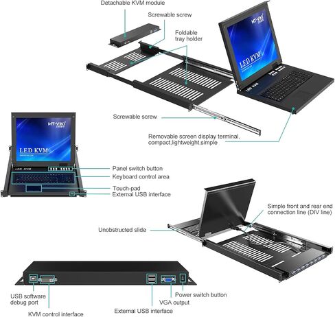 MT-VIKI 17 بوصة LED KVM Switch 8 منافذ USB VGA وحدة تحكم KVM مع كابلات، حامل 1U KVM 1280x1024 OSD+Hotkey+Panel in Saudi Arabia