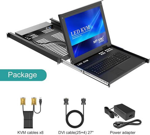 MT-VIKI 17 بوصة LED KVM Switch 8 منافذ USB VGA وحدة تحكم KVM مع كابلات، حامل 1U KVM 1280x1024 OSD+Hotkey+Panel in Saudi Arabia