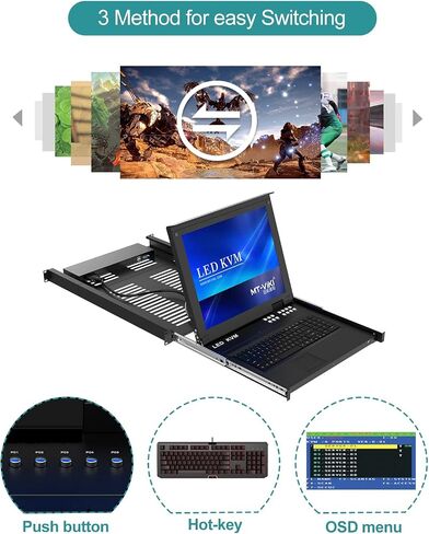 MT-VIKI 17 بوصة LED KVM Switch 8 منافذ USB VGA وحدة تحكم KVM مع كابلات، حامل 1U KVM 1280x1024 OSD+Hotkey+Panel in Saudi Arabia