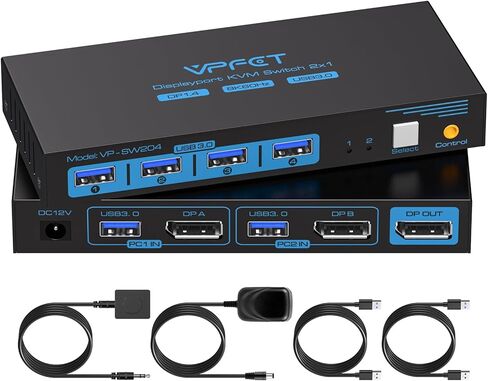 8K Displayport KVM Switch DP for 2 Computers Share 1 Monitor USB 3.0 Switches PC Support 8K@60Hz 4K@144Hz 4 USB Devices Such as Keyboard Mouse Printer with Desktop Wired Controller and 2 USB Cables in Kuwait