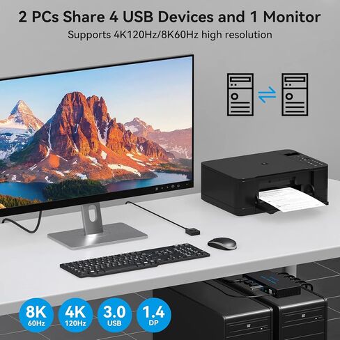 8K Displayport KVM Switch DP for 2 Computers Share 1 Monitor USB 3.0 Switches PC Support 8K@60Hz 4K@144Hz 4 USB Devices Such as Keyboard Mouse Printer with Desktop Wired Controller and 2 USB Cables in Kuwait
