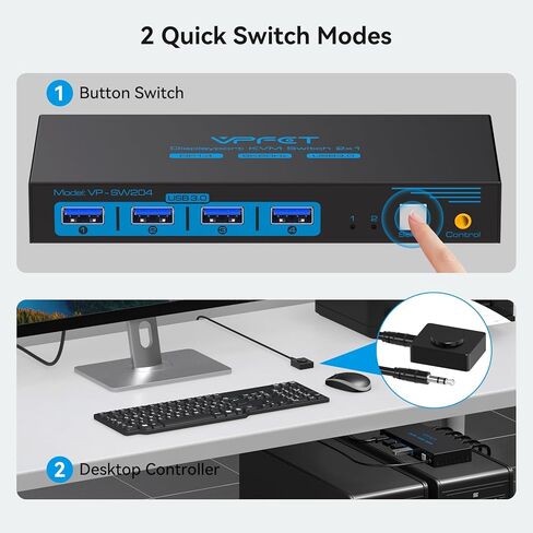 8K Displayport KVM Switch DP for 2 Computers Share 1 Monitor USB 3.0 Switches PC Support 8K@60Hz 4K@144Hz 4 USB Devices Such as Keyboard Mouse Printer with Desktop Wired Controller and 2 USB Cables in Kuwait