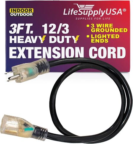 3ft Power Outdoor Extension Cord & Indoor - Waterproof Electric Drop Cord Cable - 3 Prong SJTW, 10 Gauge, 15 AMP, 125 Volts, 1875 Watts, 10/3 by LifeSupplyUSA - Black (1 Pack) in Kuwait