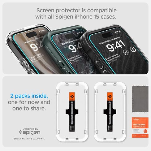 Spigen Tempered Glass Screen Protector [GlasTR EZ FIT] Designed for iPhone 15 [2 Pack] Clear in Saudi Arabia