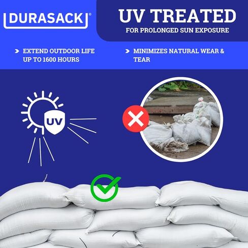 أكياس رمل متينة من دوراساك مع أربطة ربط أكياس رمل بولي بروبيلين منسوجة فارغة للتحكم في الفيضانات مع 1600 ساعة من الحماية من الأشعة فوق البنفسجية، سعة 50 رطل، 14 × 26 بوصة، أبيض، عبوة من 50 in Kuwait