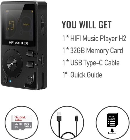 HIFI WALKER H2 Touch, Hi Res MP3 Player with Bluetooth, 2.4" HD Touch Screen, Digital Audio Player, DSD Lossless FLAC Player, Bluetooth Music Player with 64GB Memory Card, Support Up to 512GB in Kuwait