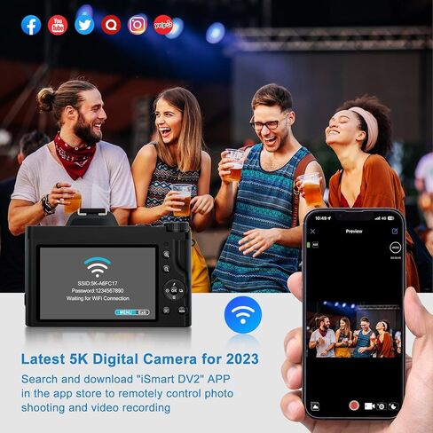كاميرا رقمية 5K، كاميرا تسجيل فيديو واي فاي مع بطاقة SD 32 جيجا، كاميرا مدمجة بدقة 48 ميجابكسل ذات التركيز التلقائي، كاميرا سفر مثبتة على 6 محاور مع فلتر للأشعة فوق البنفسجية، تكبير رقمي 16x وبطاريتين للأولاد والبنات والمبتدئين in Kuwait