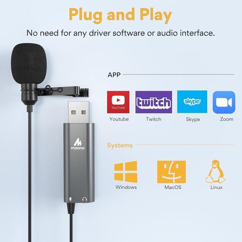 MAONO USB Lavalier Microphone, 192KHZ/24BIT Plug & Play Omnidirectional Lapel Shirt Collar Clip on Mic for PC, Computer, Mac, Laptop, YouTube, Skype, Recording, Podcasting, Gaming, AU-UL10 in Saudi Arabia