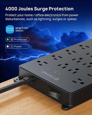 TROND Surge Protector Power Strip with USB C Ports, 5ft Extension Cord with Multiple Outlets, 22 AC Outlets and 4 USB Ports, 4000J, Flat Plug, Heavy Duty, Wall Mount, Under Desk, ETL Listed, Black in Kuwait