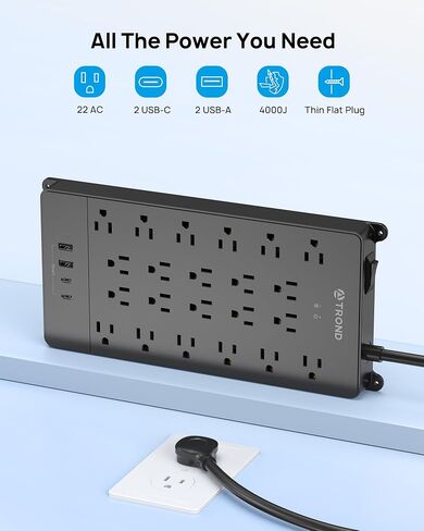 TROND Surge Protector Power Strip with USB C Ports, 5ft Extension Cord with Multiple Outlets, 22 AC Outlets and 4 USB Ports, 4000J, Flat Plug, Heavy Duty, Wall Mount, Under Desk, ETL Listed, Black in Kuwait