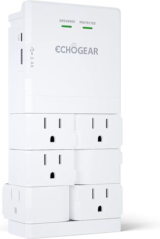 منفذ حائط ECHOGEAR مع حماية من زيادة التيار - يعمل على تشغيل وحماية 8 أجهزة مع 6 مقابس تيار متردد دوارة ومنفذي USB - يتضمن منفذ USB-C ومنفذ USB-A 1x - أسود in Kuwait