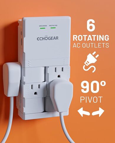 منفذ حائط ECHOGEAR مع حماية من زيادة التيار - يعمل على تشغيل وحماية 8 أجهزة مع 6 مقابس تيار متردد دوارة ومنفذي USB - يتضمن منفذ USB-C ومنفذ USB-A 1x - أسود in Kuwait