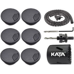 KATA 6-Pack Desk Grommet 2 Inch (50mm) Wire Cord Cable Desk Hole Cover with Bi-Metal Hole Saw Kit and Cord Wire Wrap Coiled Tube Sleeve Management, 2M Cable Sleeve Organizer