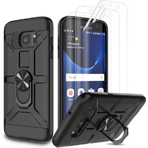 Galaxy S7 Edge Case, S7 Edge Case with [3X HD Soft Screen Protector], Built-in Ring Kickstand and Magnetic Car Mount Shockproof Dropproof Military Grade Armor Rugged Case for Galaxy S7 Edge - Black