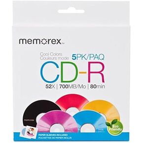 Memorex Cool Colors CD-R Discs with 52x Recording Speed and 700 MB in Paper Sleeves (5-Pack)