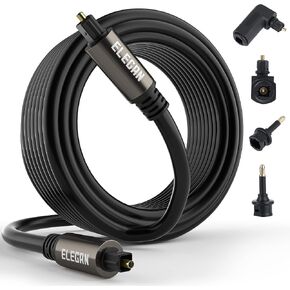 Elecan Optical Audio Cable 30 Ft Digital Audio Toslink Cable Cord-Fiber Optic-Gold Plated-Flexiable&Durable-for Home Theater,Sound Bar,PS4&Xbox-with 4 Right Angled and Mini Toslink Adapters+Ties