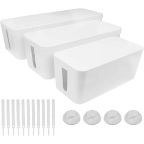 Cable Management Box Set 3 Size Cable Organizer Box to Hide Wires Power Strips Electrical Cord from TVs Computers - Electrically Safe ABS Material Cord Organizer Box Cable Box Organizer Cord Box White
