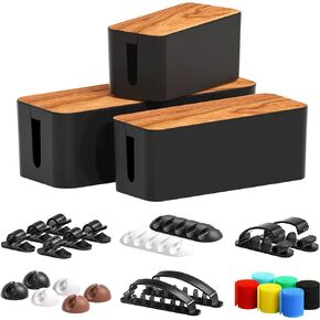 Cable Management Box 3 Pack with 16 Cable Clips Set-Large & Medium & Small Wooden Style Cable Organizer Box to Hide Wires&Power Strips | Cord Organizer Box | Cable Organizer for Home & Office [White]