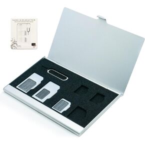 حافظة بطاقات SIM من الألومنيوم، حامل بطاقات SIM 6 فتحات رفيع للغاية مع مجموعة محول بطاقة SIM للمسافرين أو رحلة العطلات (6SIM+فضي) in Kuwait