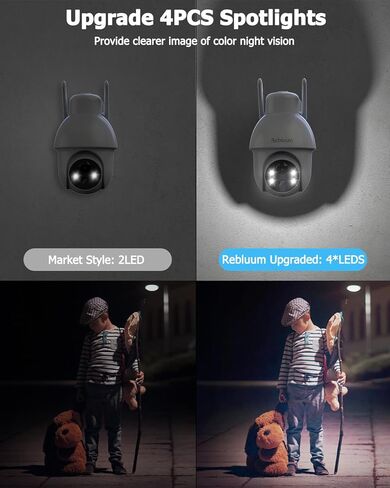 Rebluum Security Camera Wireless Outdoor, 2K Solar Security Camera,Battery Powered 360°PTZ Security Camera,Color Night Vision,PIR Motion Detection,2-Way Audio,Compatible with Alexa in Kuwait