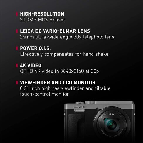 Panasonic LUMIX ZS80D 4K Digital Camera, 20.3MP 1/2.3-inch Sensor, 30X Leica DC Vario-Elmar Lens, F3.3-6.4 Aperture, WiFi, Hybrid O.I.S. Stabilization, 3-Inch LCD, DC-ZS80DS (Silver) in Saudi Arabia