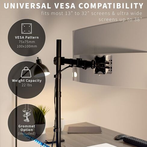 VIVO Single Monitor Desk Mount, Extra Tall Fully Adjustable Stand for 1 LCD Screen up to 32 inches, Ultra Wide Screens up to 38 inches, 22 lbs Capacity, White, STAND-V001TW in Saudi Arabia
