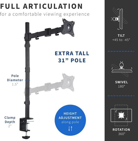 VIVO Single Monitor Desk Mount, Extra Tall Fully Adjustable Stand for 1 LCD Screen up to 32 inches, Ultra Wide Screens up to 38 inches, 22 lbs Capacity, White, STAND-V001TW in Saudi Arabia