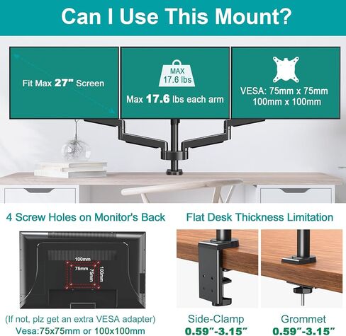 حامل مكتب ثلاثي للشاشة MOUNT PRO - ذراع شاشة زنبركية غازية مفصلية، قابل للإزالة بمشبك وقاعدة جروميت - يناسب شاشات الكمبيوتر LCD مقاس 13 إلى 27 بوصة، VESA 75x75، 100x100 in Saudi Arabia