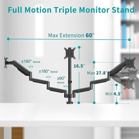 حامل مكتب ثلاثي للشاشة MOUNT PRO - ذراع شاشة زنبركية غازية مفصلية، قابل للإزالة بمشبك وقاعدة جروميت - يناسب شاشات الكمبيوتر LCD مقاس 13 إلى 27 بوصة، VESA 75x75، 100x100 in Saudi Arabia
