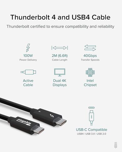 كابل Thunderbolt 4 قابل للتوصيل [معتمد من Thunderbolt] كابل USB4 بطول 6.6 قدم مع شحن 100 وات، شاشة مفردة 8K أو مزدوجة 4K، نقل بيانات بسرعة 40 جيجابت في الثانية، متوافق مع Thunderbolt، USB4، USB-C - بدون سائق in Kuwait