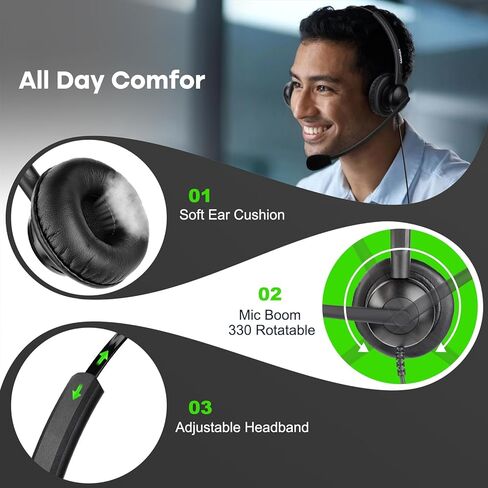 MAIRDI Telephone Headset with Microphone Noise Canceling, Binaural Call Center Office Headphone with RJ9 Jack & 3.5mm Connector for Landline Phone Cell Phone PC Laptop, Work for Polycom Avaya Nortel in Saudi Arabia