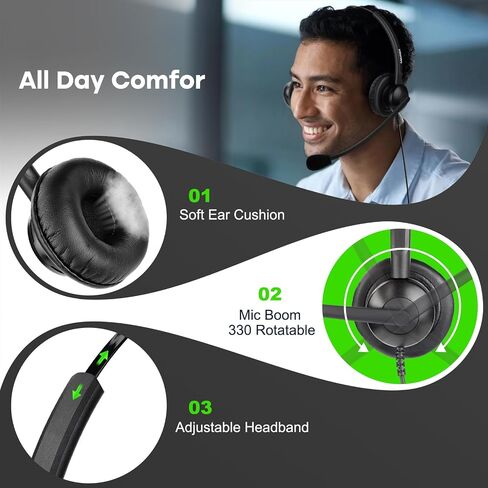 MAIRDI Telephone Headset with Microphone Noise Canceling, Binaural Call Center Office Headphone with RJ9 Jack & 3.5mm Connector for Landline Phone Cell Phone PC Laptop, Work for Polycom Avaya Nortel in Saudi Arabia