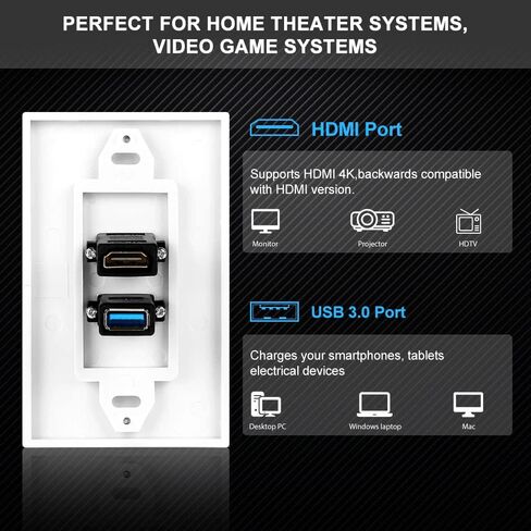 ZEXMTE HDMI وUSB 3.0 لوحة الحائط HDMI منفذ شاحن الحائط جبل مقبس لوحة الوجه غطاء لوحة، منفذ USB وHDMI للشحن عالي السرعة، لوحة الحائط الوجه إدراج لوحة كابل جبل المقبس، أبيض in Kuwait