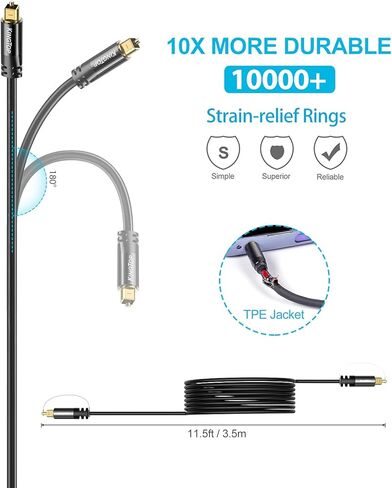 كابل صوت بصري رقمي من KINGTOP بطول 11.5 قدم، كابل بصري، كابل ألياف بصرية، كابل Toslink متوافق مع مكبرات الصوت والتلفزيون وSamsung وVizio وLG وBose in Kuwait