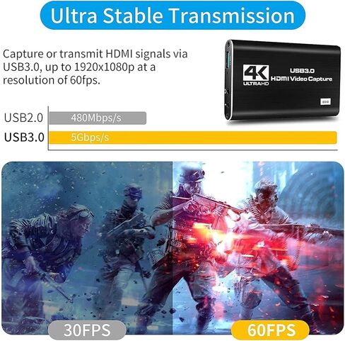 Capture Card, 4K HDMI Audio Video Capture Card, USB 3.0 Capture Adapter 1080P 60FPS Video Recorder Device for Game Recording, Works for Nintendo Switch, Streaming Live,Support X-Box/OBS/Camera/PC in Saudi Arabia