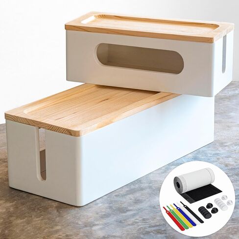 NATURE SUPPLIES Set of 2, Wood Cable Management Boxes, Large and Medium Cord Organizer to Hide Wires and Power Strips for TV, Desk, Computer, Router, Cable Storage and Home Office Organization, White in Kuwait